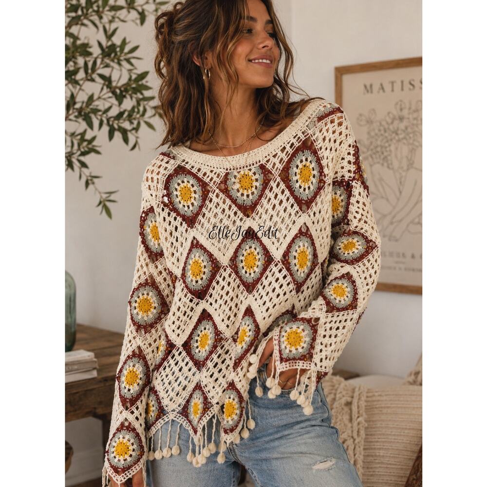 POL Granny Square Crochet Sweater | Boho Fringe Pullover | NWOT
